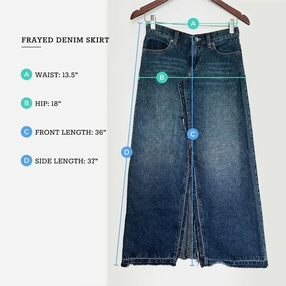 Unique DKNY Long Deconstructed Frayed Denim Skirt Size 0 - Picture 3 of 11